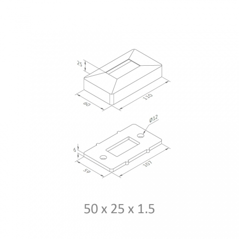 Medidas Base para tubo rectangular para barandillas a suelo