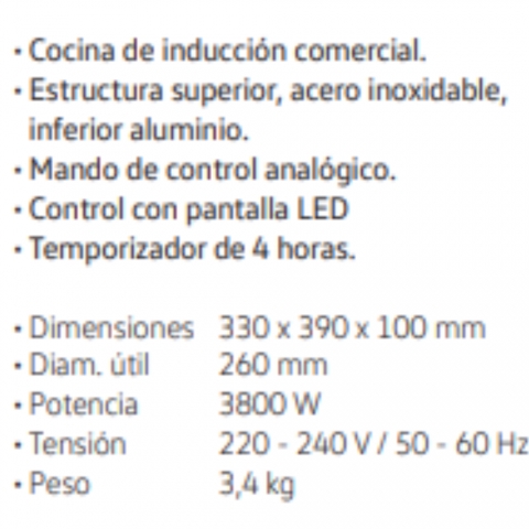 Especificaciones Cocina de Inducción 3,5 Kw